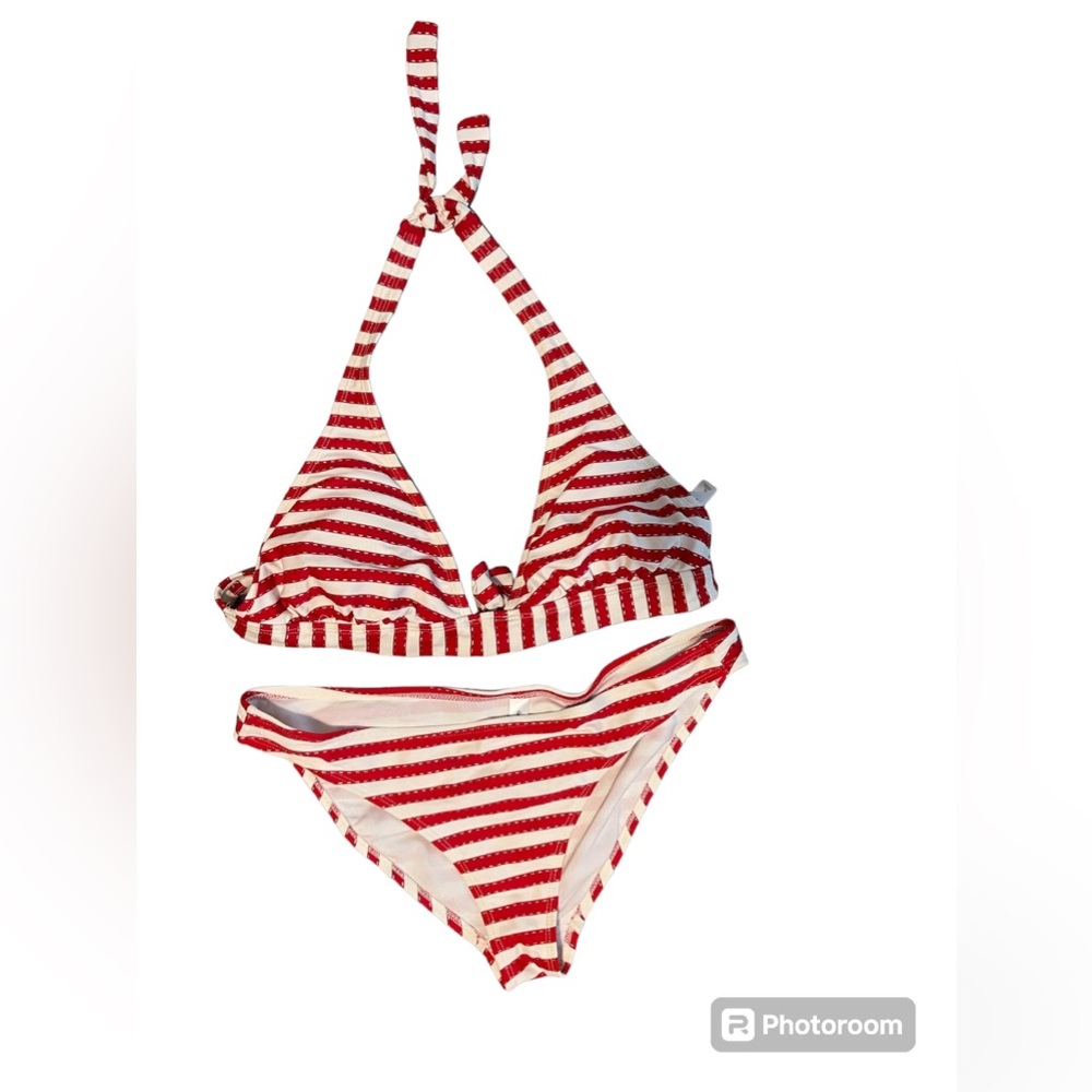 2 Piece Swimsuit Bikini Red & White Stripes with Silver Lines Gap